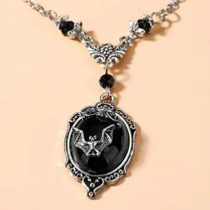 NEW. Hauntingly Captivating Necklace w Crystals & Cabochon w Bat Pendant